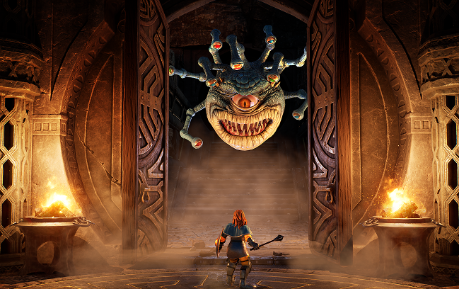 A scene from the Sigil 3D VTT in which an adventurer faces off against a beholder.