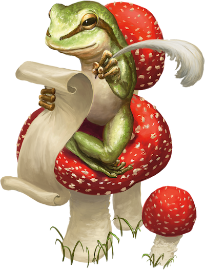 Frog on a mushroom writing with a quill and scroll.