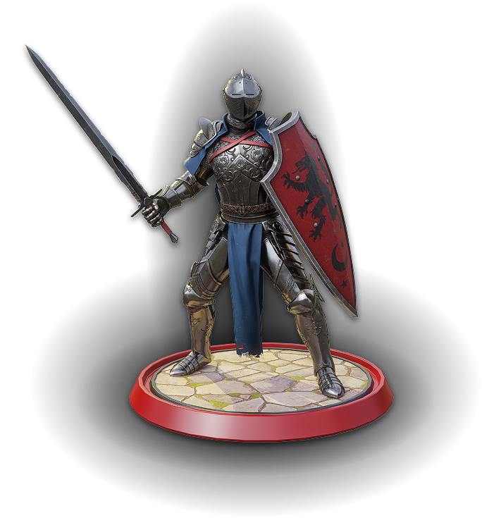 Knight in armor brandishing a sword and shield virtual miniature figurine.